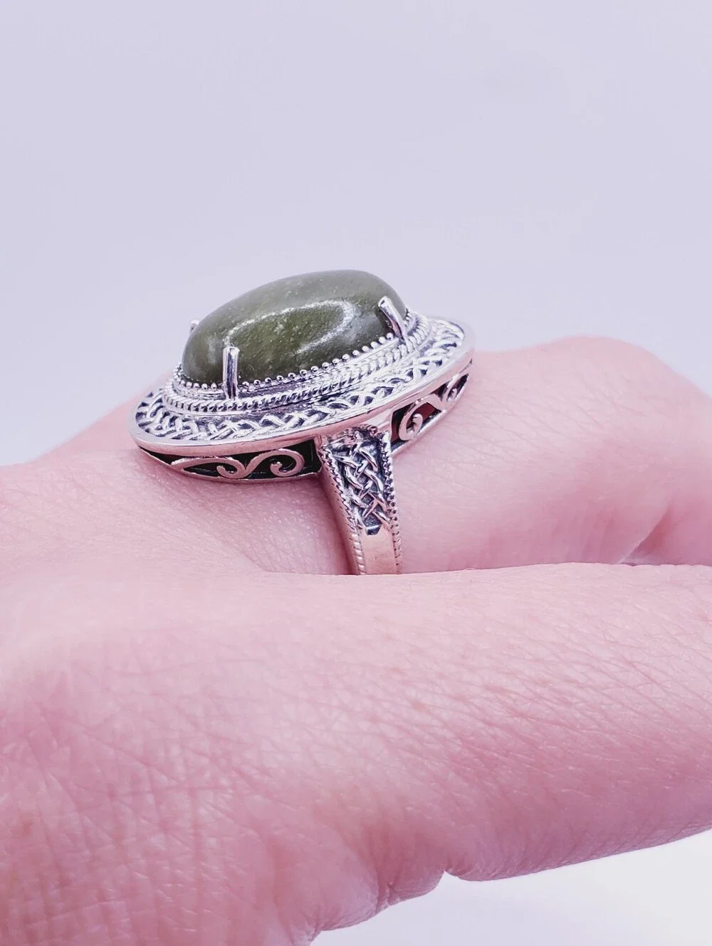 7 Carat Connemara Green Marble 925 Sterling Silver Statement Ring